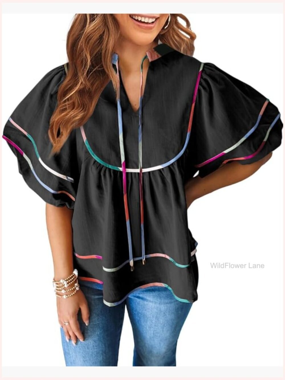 Flowy V Neck Short Sleeve Babydoll Blouse Loose Fit Summer Top
